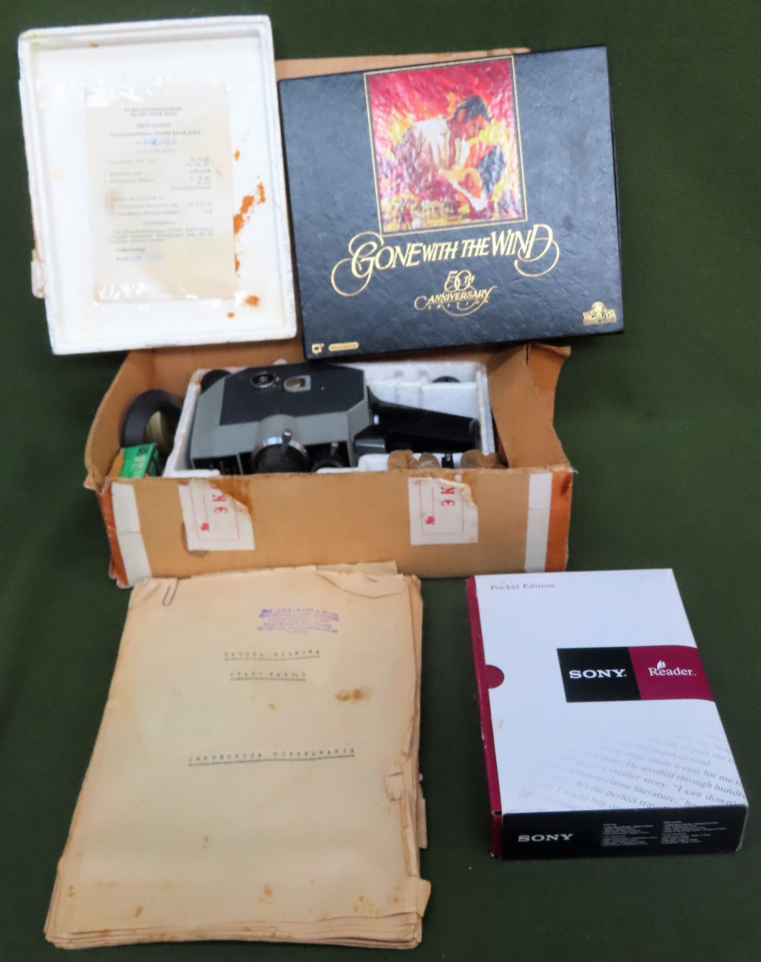 Sundry lot including Cine camera, E Book Reader, boxed Gone with the wind 50th anniversary VHS set