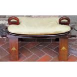 20th century brass inlaid folding camel stool. App. 44cm H x 77cm W Reasonable used condition,