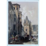 Framed vintage French polychrome print depicitng Cour Du Palais De Blois. Approx. 47cms x 33cms