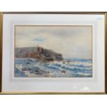 Framed watercolour depicting a coastal scene, unsigned. Approx. 30cms x 46cms reasonable used