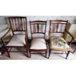 Two mahogany inlaid armchairs, plus similar single chair All in used condition, unchecked