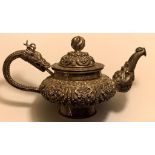 SILVER VINTAGE TIBETAN HAND MADE REPOUSSE TEA POT WITH TURQUOISE, TOTAL WEIGHT APPROX 300.73g