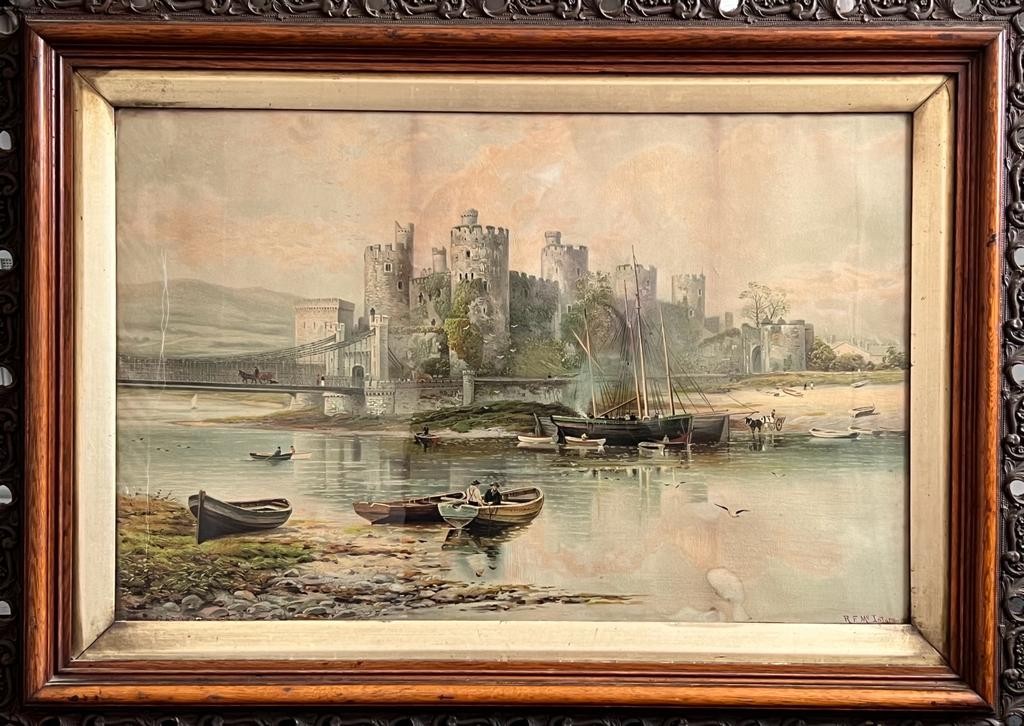 MCINTYRE, PRINT DEPICTING CONWAY CASTLE, FRAMED AND GLAZED, APPROX 48 x 75cm SOME DAMAGE