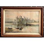 MCINTYRE, PRINT DEPICTING CONWAY CASTLE, FRAMED AND GLAZED, APPROX 48 x 75cm SOME DAMAGE