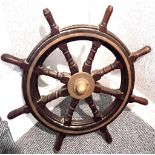 LARGE MAHOGANY AND BRASS SHIP'S WHEEL, DIAMETER APPROX 67cm