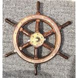 SMALL MAHOGANY AND BRASS SHIP'S WHEEL, DIAMETER APPROX 40cm