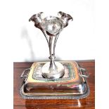 SILVER THREE VASE EPERGNE CENTRE VASE PLUS PLATED ENTREE DISH VASE IS DEFICIENT WITH SOME REPAIRS