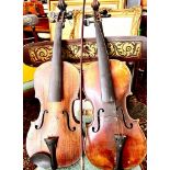 TWO OLD VIOLINS- TWO PIECE BACKS AND INLAID PURFLING LINES, ALSO BOW AND DISTRESSED EARLY CASE