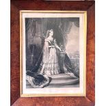 MONOCHROME ENGRAVING, QUEEN VICTORIA, WITHIN A BURR FIGURED WALNUT FRAME, FRAMED AND GLAZED, TOTAL
