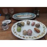 SUNDRY LOT INCLUDING ASHETTES, PEWTER, PORTMEIRION DISH, INK WELL, WINE GLASSES ETC ALL IN USED