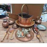 QUANTITY OF VARIOUS COPPER AND BRASS INCLUDING COAL SCUTTLE, CANDLE WALL BRACKETS, COPPER KETTLE,