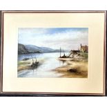 THOMAS CLARKE, WATERCOLOUR, BOATS AT LOW TIDE, MANX ARTIST, APPROX 28 x 38cm