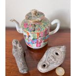 FAMILLE ROSE TEA POT AND COVER, EARLY OIL LAMP AND FIGURE TEA POT AND COVER DAMAGED