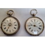 TWO DECORATIVE SILVER FOB WATCHES WITH ENAMELLED DIALS