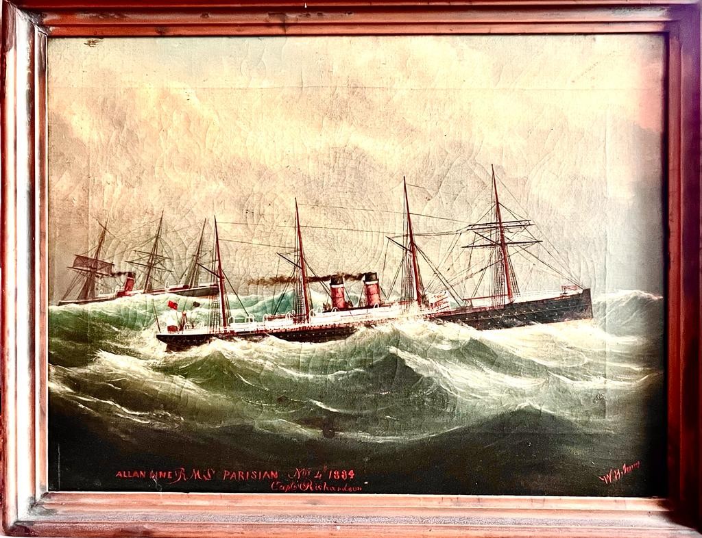 WH JONES, OIL ON CANVAS, RMS PARISIAN NOV 1884, CAPTAIN RICHARDSON, APPROX 36 x 49cm SMALL TEAR TO