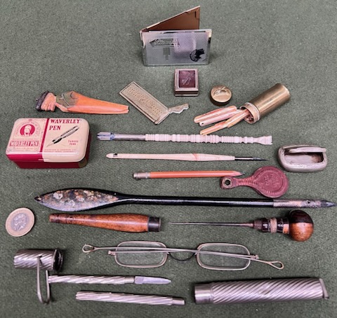 COLLECTION OF WRITING IMPLEMENTS INCLUDING BONE HANDLED PEN WITH 'STANHOPE OF BLACKPOOL', OTHER PENS