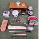 COLLECTION FOURTEEN WRITING IMPLEMENTS INCLUDING GLOVE PEN CLEANER, BLOTTER, STAMP, INKWELLS AND