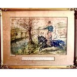 LARGE HUNTING PRINT, SIGNED JOHN LEACH, FRAMED AND GLAZED, APPROX 39 x 59cm CONSIDERABLE FOXING