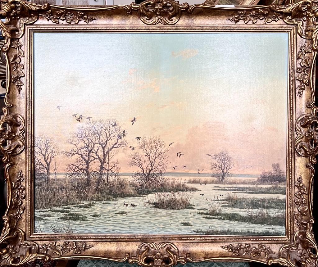 NICK MACE 20th CENTURY, OIL ON CANVAS, 'ALIGHTING CANADA GEESE', SIGNED LOWER RIGHT, FRAMED,