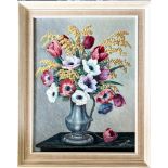 F CHILCOTT, OIL ON BOARD, PEWTER FLAGON WITH MIMOSA, TULIPS AND ANEMONE, APPROX 45 x 35cm