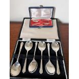 CASED SET OF SIX SILVER FRUIT SPOONS, WALKER & HALL, PLUS SPOON AND FORK STAMPED SILVER, TOTAL