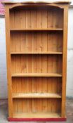 Set of stripped pine open bookshelves. App. 192cm H x 104cm W x 26cm D