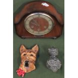 Sundry lot Inc. wooden cased mantle clock, heavy bronze coloured Victorian curtain opener, plus