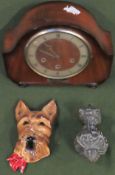 Sundry lot Inc. wooden cased mantle clock, heavy bronze coloured Victorian curtain opener, plus