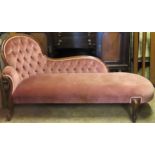 Victorian style mahogany framed and upholstered chaise longue. Approx. 85cms H x 153cms W x 65cms