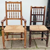 Oak spindle back rush seated armchair, plus single rush seated spindle back chair. Armchair App.