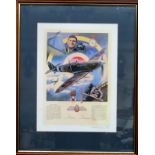 Nicolas Trudgian - Framed polychrome print, depicting famous Spitfire pilot Johnnie Johnson,