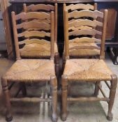 Set of four 18th/19th century oak rush seated ladder back dining chairs. Approx. 94cms H used