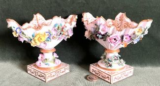 PAIR OF FINE CONTINENTAL NAVETTE FORM CERAMIC FLOWER ENCRUSTED POSY VASES