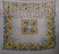 Vintage silk transfer floral decorated shawl with tassel fringing used condition with minor damage