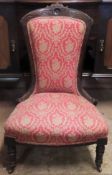 Victorian style mahogany framed upholstered low seated nursing chair. Approx. 93cms H x 58cms W x