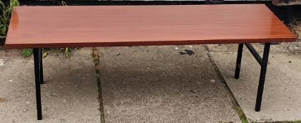 20th century low coffee table on metal supports. App. 39cm H x 119.5cm W x 41cm D Reasonable used