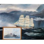 Unframed Oil on Board of a galleon, plus Lukman Sinclair Limited Edition print In reasonable used