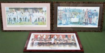 Pencil signed polychrome cricket related print, signed Jedd, another Jedd cricket related polychrome