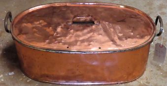 18th/19th century copper two handled oval cooking pot, with cover. Approx. 22cms H x 60cms W x 32cms