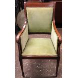 19th century inlaid mahogany upholstered armchair. App. 94cm H x 51cm W x 47cm D Reasonable used