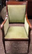 19th century inlaid mahogany upholstered armchair. App. 94cm H x 51cm W x 47cm D Reasonable used