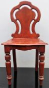 Victorian Mahogany piercework decorated hall chair. App. 83cm H x 42cm W x 38cm D Used condition,