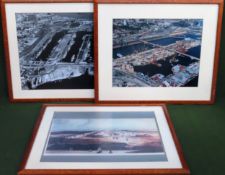 Two framed English Dockland scene photographs plus similar print of London Docklands. All Approx.