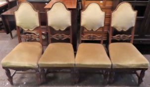 Set of Four early 20th century carved mahogany upholstered high back dining chairs. App. 112.5cm H x