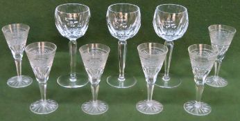 Set of Three Waterford crystal stemmed drinking glasses, plus set of Six smaller Waterford stemmed