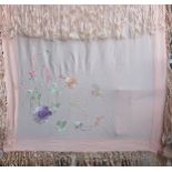 Floral hand embroidered vintage crepe shawl with tassel fringing used condition