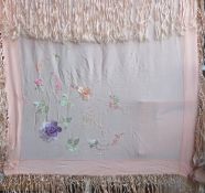 Floral hand embroidered vintage crepe shawl with tassel fringing used condition