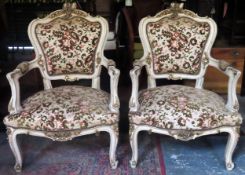 Pair of Early 20th century gilded and painted French style upholstered armchairs. App. 101cm H x