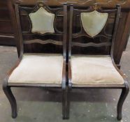 Pair of Edwardian mahogany inlaid and upholstered low bedroom chairs. App. 76cm H x 41cm W x 40cm