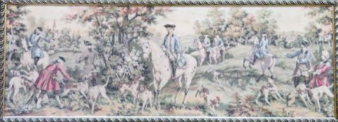 Gilt framed embroidery depicting a hunting scene. App. 46.5 x 138cm Appears in reasonable used